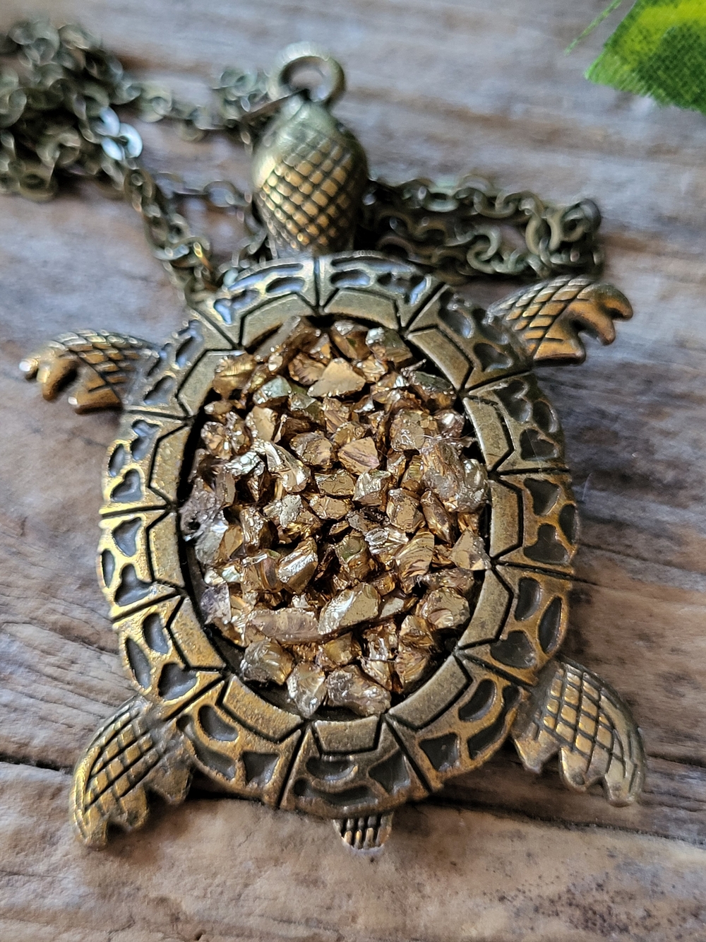 Brass Turtle Pendant Necklace with Gold-Tone Crushed Stone Accent